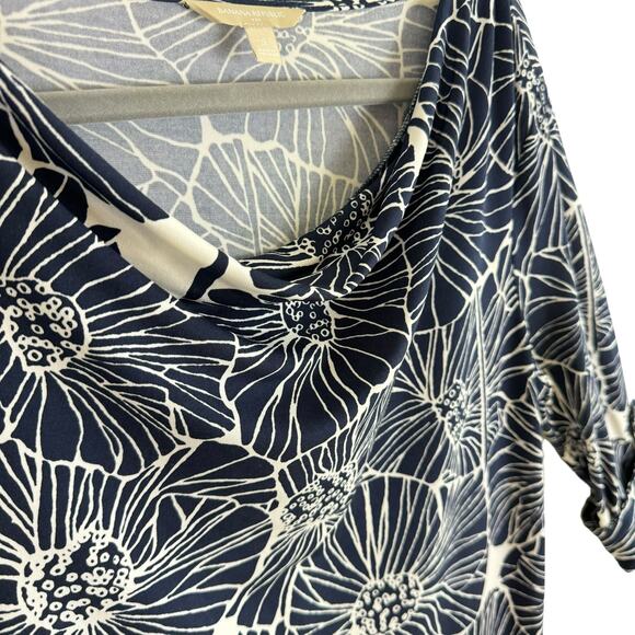 Banana Republic Navy Blue White Floral 3/4 Sleeve Draped Neck Stretchy Dress S - Picture 3 of 7